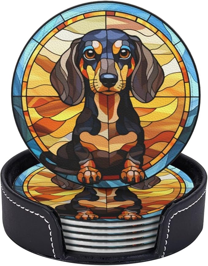 Drink Coaster Set of 6, Dachshund Dog Mom Lover Gift, Leather Drink Coasters - Image 2