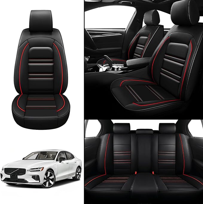 Seat Covers for Volvo Car s60 2001-2025 | 5-Seats Leather Seat Covers, Easy to Install Automotive Seat Covers Full Set (Full Set, Black&Red Line)