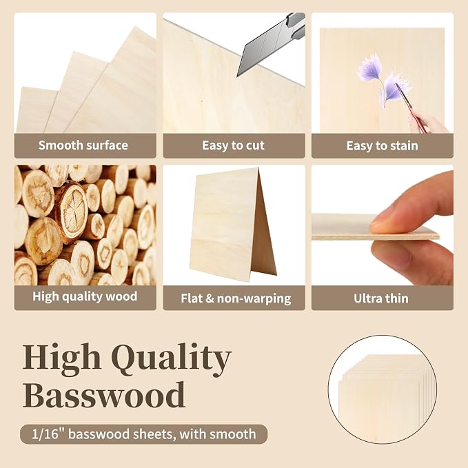 Balsa Wood, Plywood Sheet, Unfinished Basswood Blank, 12×12×1/16 in, Paint; - Image 4