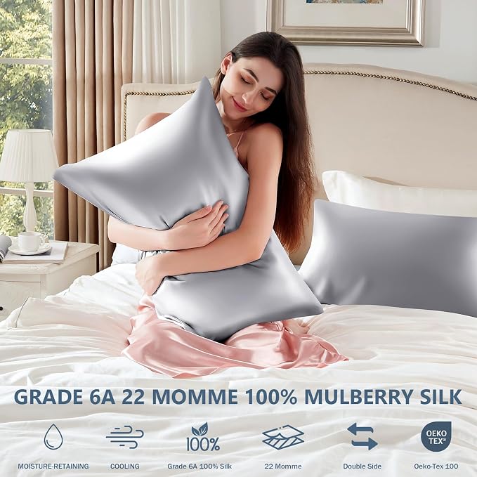 Silk Pillow Cases 2 Pack Queen Size Mulberry Silk Pillowcase Set of 2 - Image 6