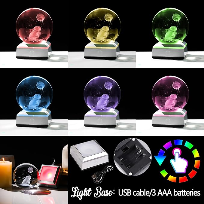 3.15in. Crystal Ball Engraved 3D Rabbit and Moon Stars Figurine Paperweght - Image 2