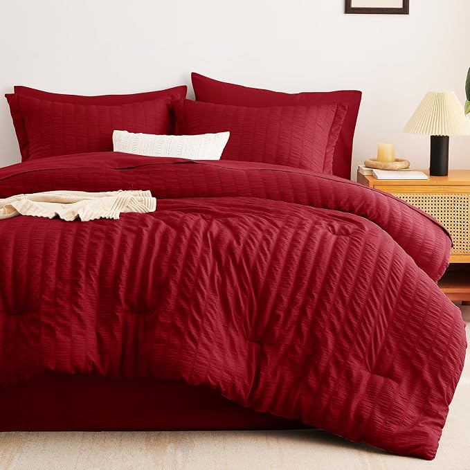 CozyLux King Size Comforter Set Dark Red Seersucker 7 Pieces Bed in a Bag King - Image 9