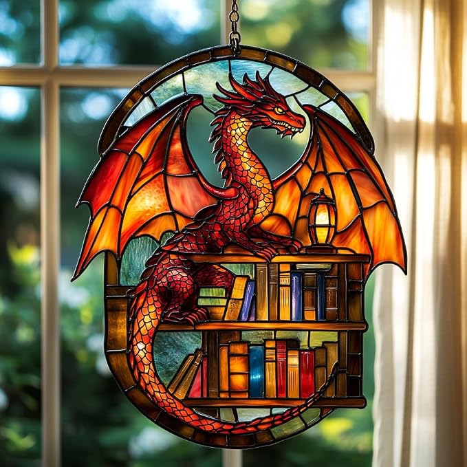 Books and Dragon Acrylic Suncatcher Stained Glass Effect Window Car Hanging by AVAGAN