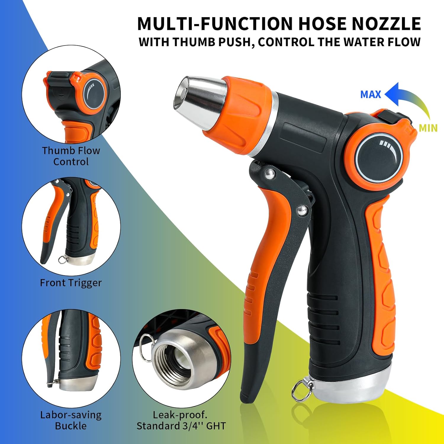Garden Hose Nozzle Sprayer, Water Hose Sprayer Nozzle with 4 Spray Patterns, Water Flow Thumb Control, Labor-saving Buckle & Front Trigger, for Watering Plants & Lawns,Washing Cars and Pets