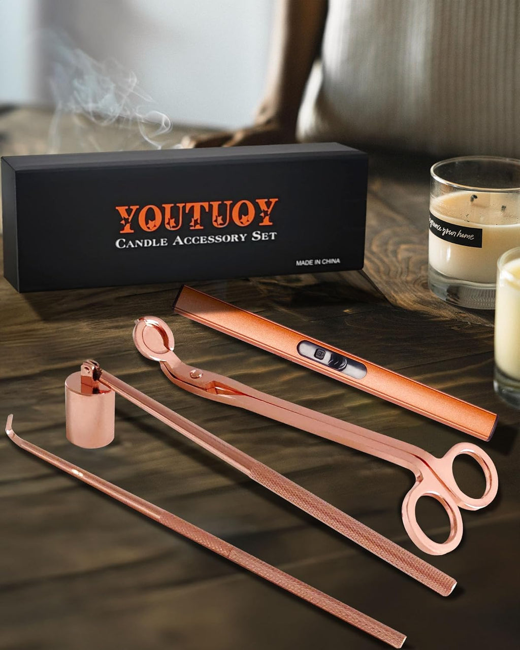 4 in1 Candle Accessory Set with Rechargeable Candle Lighter, Candle Wick Trimmer, Candle Wick Snuffer, Candle Wick Dipper, Candle Care Kit (Rose Gold)