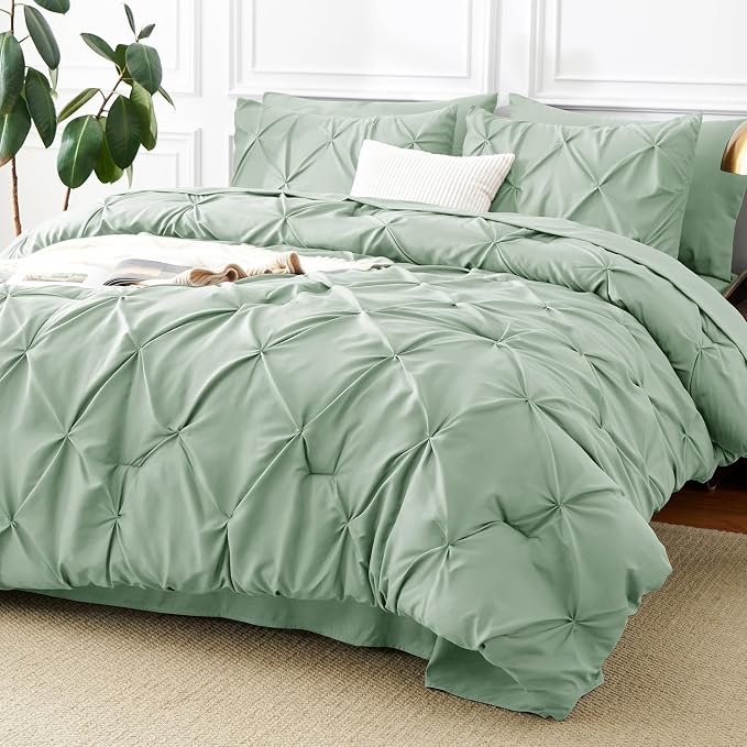 CozyLux Queen Comforter Set Sage Green, 7 Pieces Pintuck Bed in A Bag, Premium by CozyLux