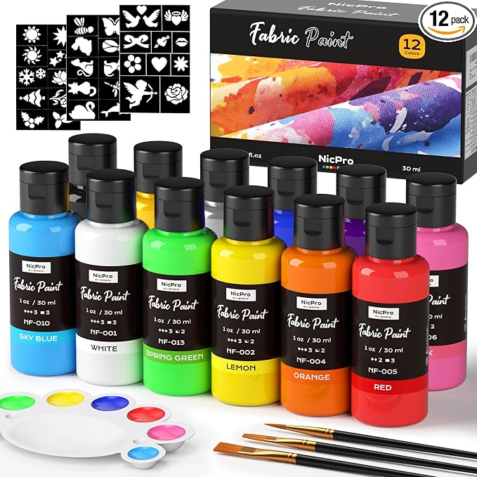 Nicpro 12 Colors Fabric Paint, Permanent Soft Fabric Paint Set by Nicpro