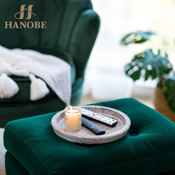 Hanobe Decorative Coffee Table Tray, Round Wood Candle Holder Plate | Wooden - Image 9