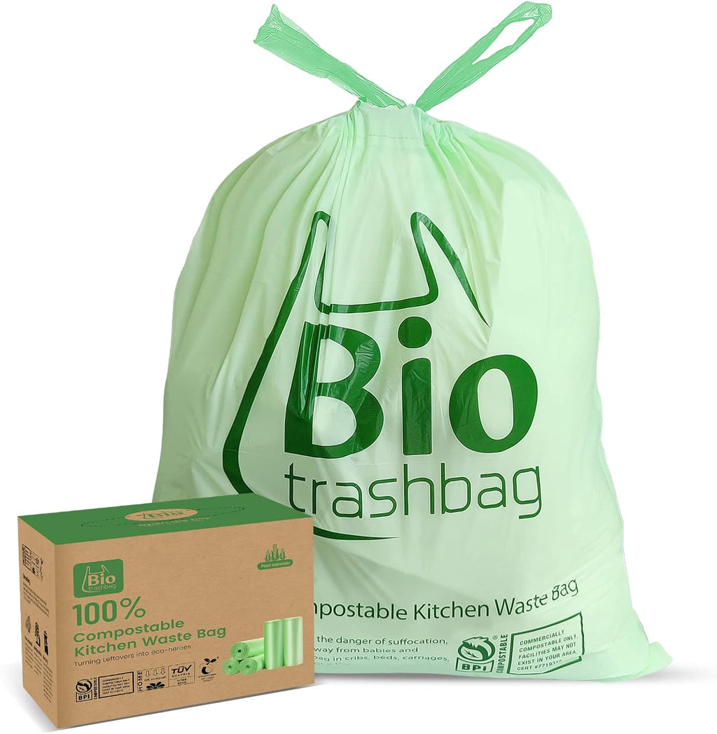 8 Gallon Compostable Trash Bags, 100 Count Drawstring Trash Bags Biodegradable, Heavy Duty Extra Thick Compost Bags, Kitchen Food Scrap Waste Bag, US BPI and OK Compost Home Certified