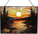 Rectangle Vintage Sunset in The Forest Stained Glass Window Hanging, Suncatcher by 365CUSGIFTS