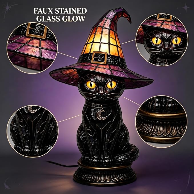 Black Cat Witch Hat Table Lamp, Gothic LED Halloween Decor | Witch Hat Gothic - Image 3