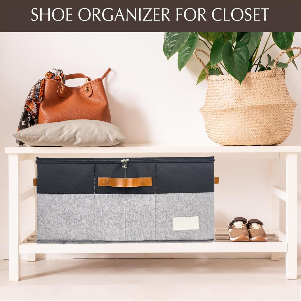 1 Pack Shoe Organizer for Closet, Adjustable Shoe Box Storage Containers, Large Foldable Shoe Bins with Clear Cover, Space Saving Shoes Holder with 4 Handles, Fits 12-24 Pairs, Black