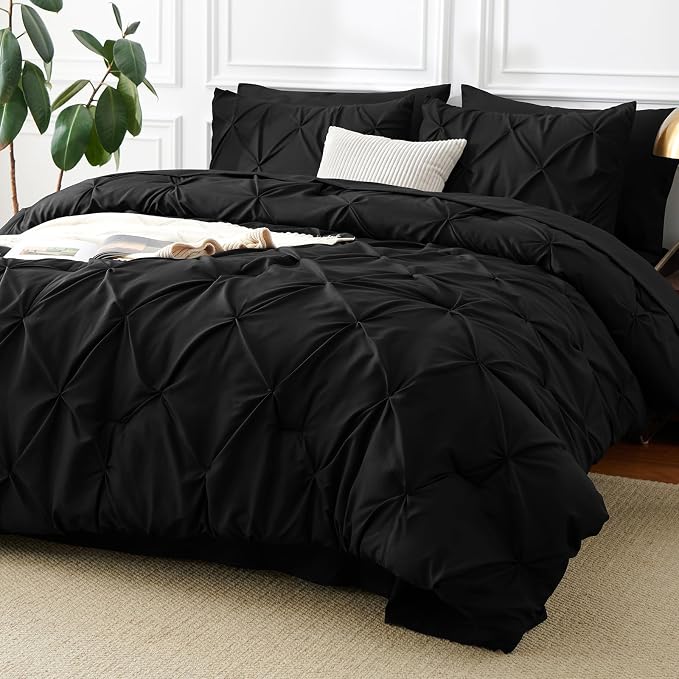CozyLux Full Size Comforter Sets Black, 7 Pieces Pintuck Bed in A Bag Black by CozyLux