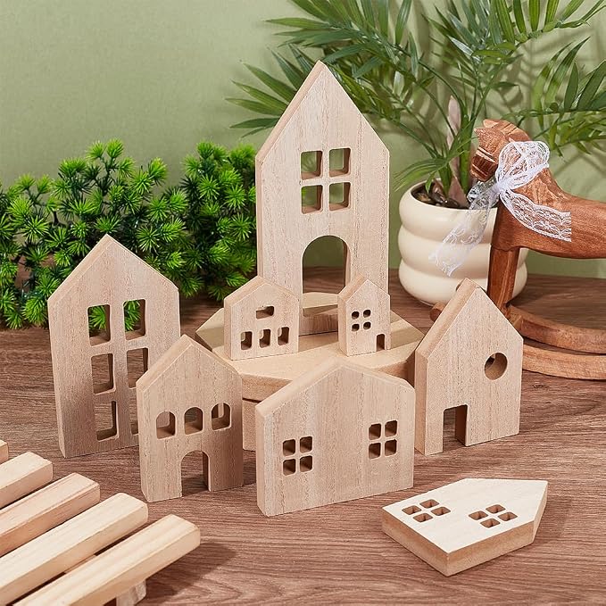 OLYCRAFT 8 Piece Wooden House Blocks Blank Unfinished House Block MDF Craft - Image 4