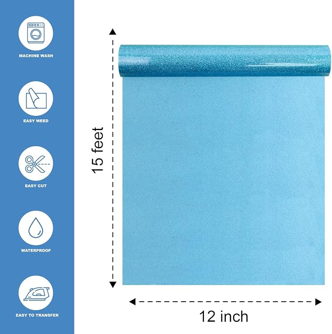 Sky Blue Glitter Heat Transfer Vinyl 12" x 15 ft HTV - Image 2