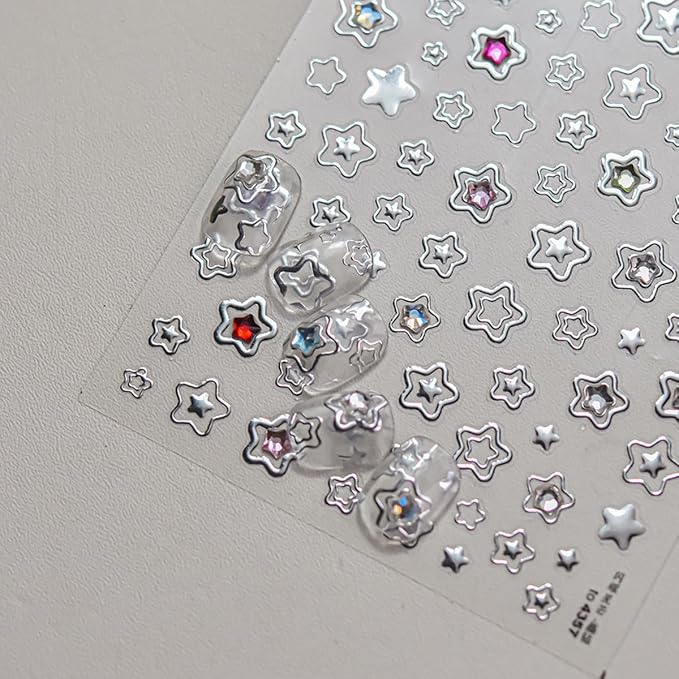 Star Nail Art Stickers Silver Star 5D Embossed Nail Decals - Image 4