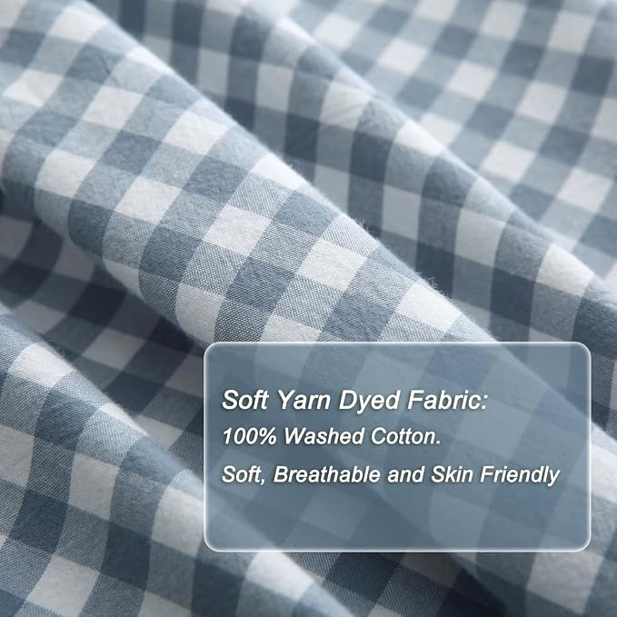 Silnuo Light Blue/White Plaid Ruffle Duvet Cover King Size, 100% Washed Cotton - Image 5