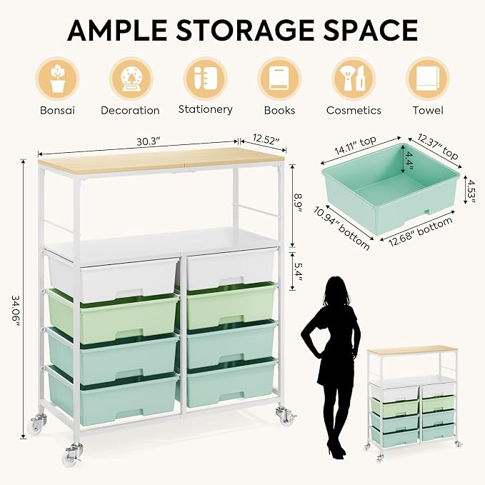 Rolling Cart with 8 drawers, Storage Drawer Cart with Wooden Tabletop, Lockable - Image 3