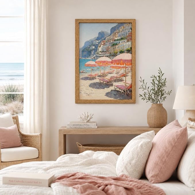 Framed Pink Umbrella Coastal Canvas Wall Art, Beach Scene Painting Picture Wall - Image 2