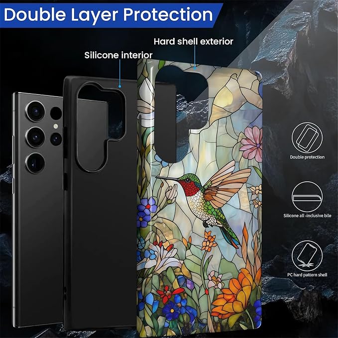 for Samsung Galaxy S23 Ultra Case, Hummingbird Wildflower Stained Glass Pattern - Image 2