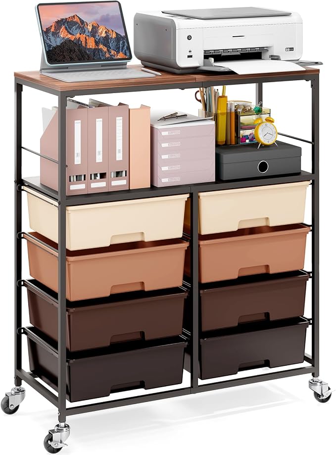 Rolling Cart with 8 Drawers, Storage Drawer Cart with Wooden Tabletop, Lockable by APEXCHASER