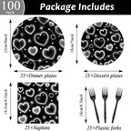 Qyeahkj 100 Pcs 2000s Party Plates Napkins Forks Set Black Heart Tableware - Image 2
