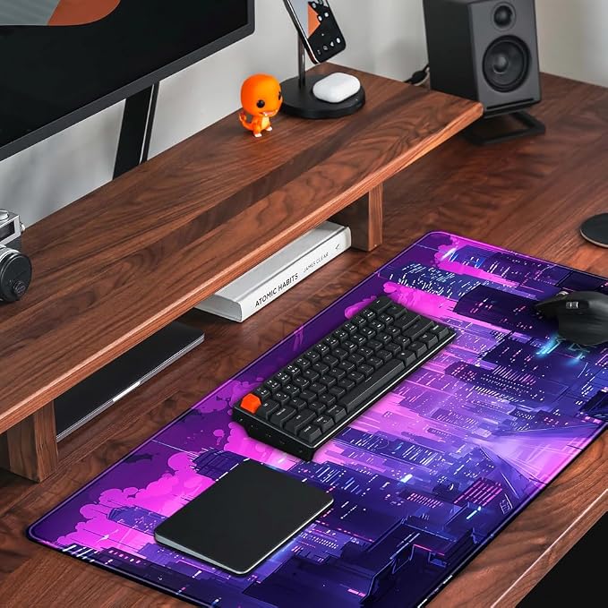 Cyberpunk Neon Purple City Gaming Desk Mouse Pad XL Pink Extended Mouse Pad - Image 5