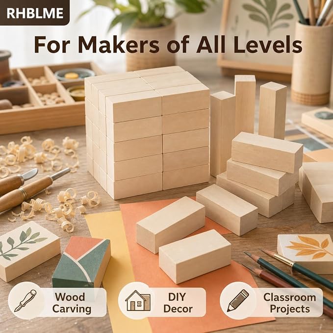 RHBLME 40 PCS Basswood Carving Blocks, Wooden Cubes Soft Solid Wooden Basswood - Image 7