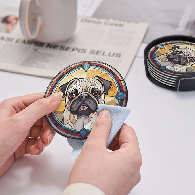 Drink Coaster Set of 6, Pug Dog Mom Lover Gift, Leather Drink Coasters - Image 7