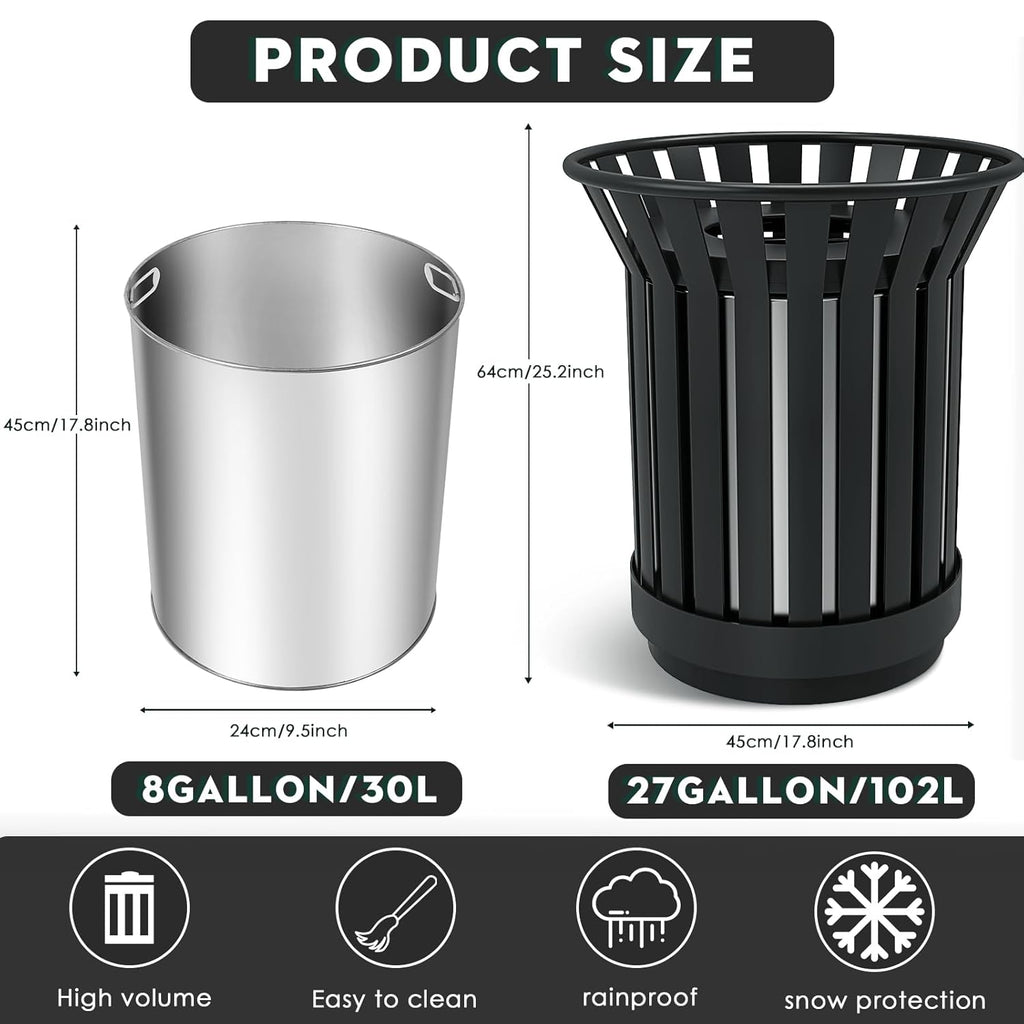Round Heavy Duty Outdoor Trash Can, Large Metal Slatted Garbage Can for All Weather Resistant, Commercial Garbage Cans, Waste Receptacle in Park, Beach, Patio (Black, Medium)