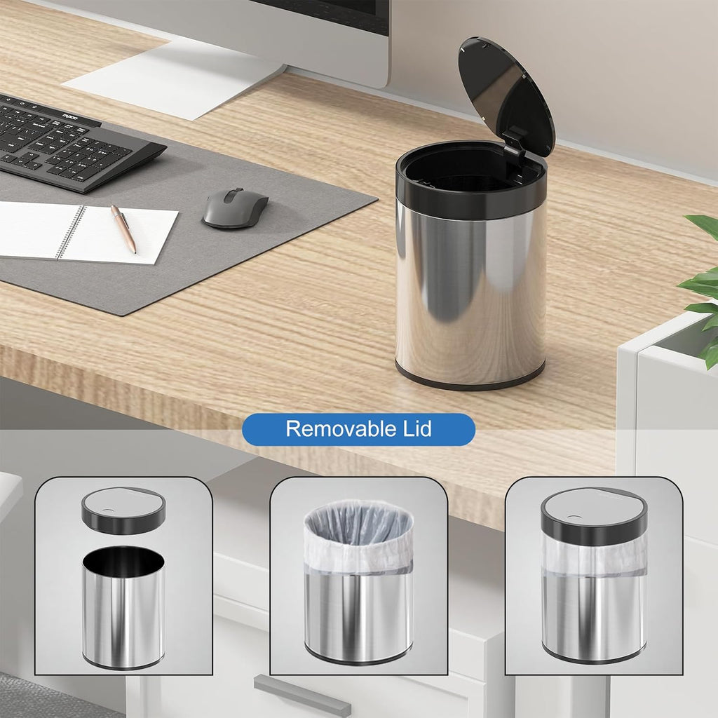 Mini Trash Can for Desk 0.4 Gallon,1.5L Stainless Steel mini Desk Trash can with Lid,Tiny Trash Can for Desk with 1 Roll Bags for Office, Home, Car,(Brushed Gray)
