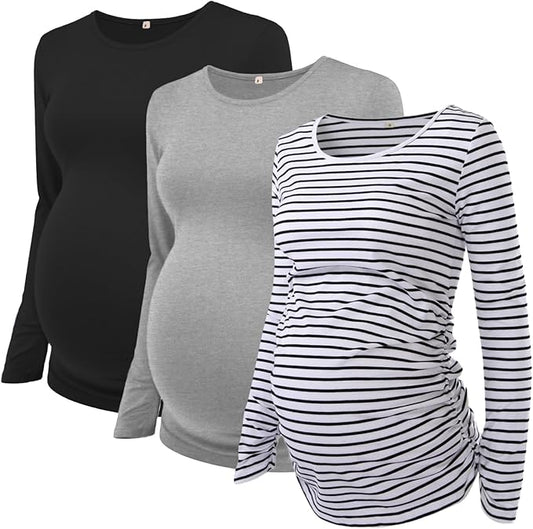 Ecavus Women's Maternity Shirts Long Sleeve Soft Stretchy Pregnancy Tops Side Ruched Casual Mama Clothes