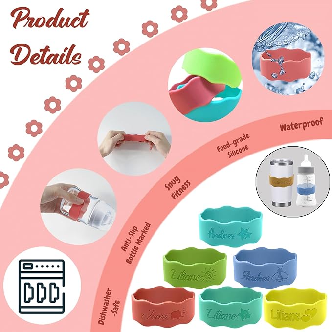 Personalized Baby Bottle Labels for Daycare Custom Water Bottle Name Bands Customized Engraved Silicone Baby Reusable Bottle Straps Labels for Cups School-Turquoise