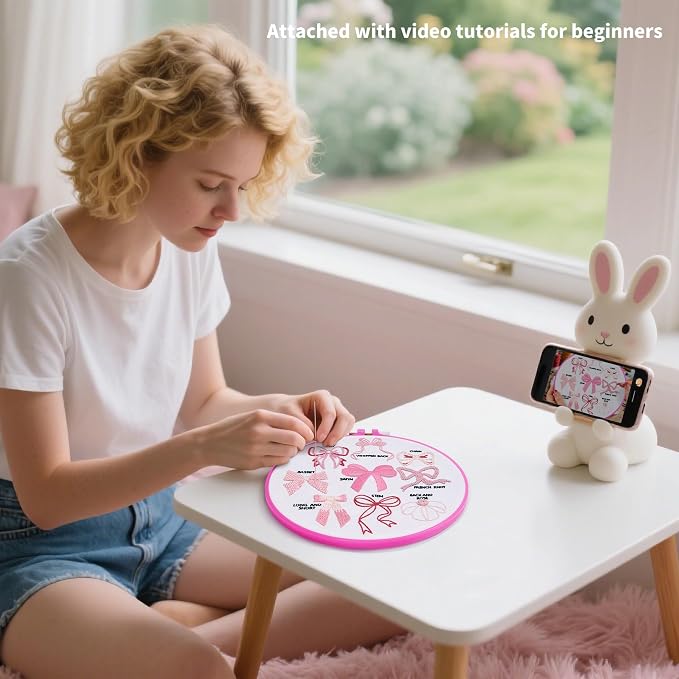 Pink Bowknot Embroidery Kits for Beginners Adults, Cute Hand Embroidery Starter - Image 4