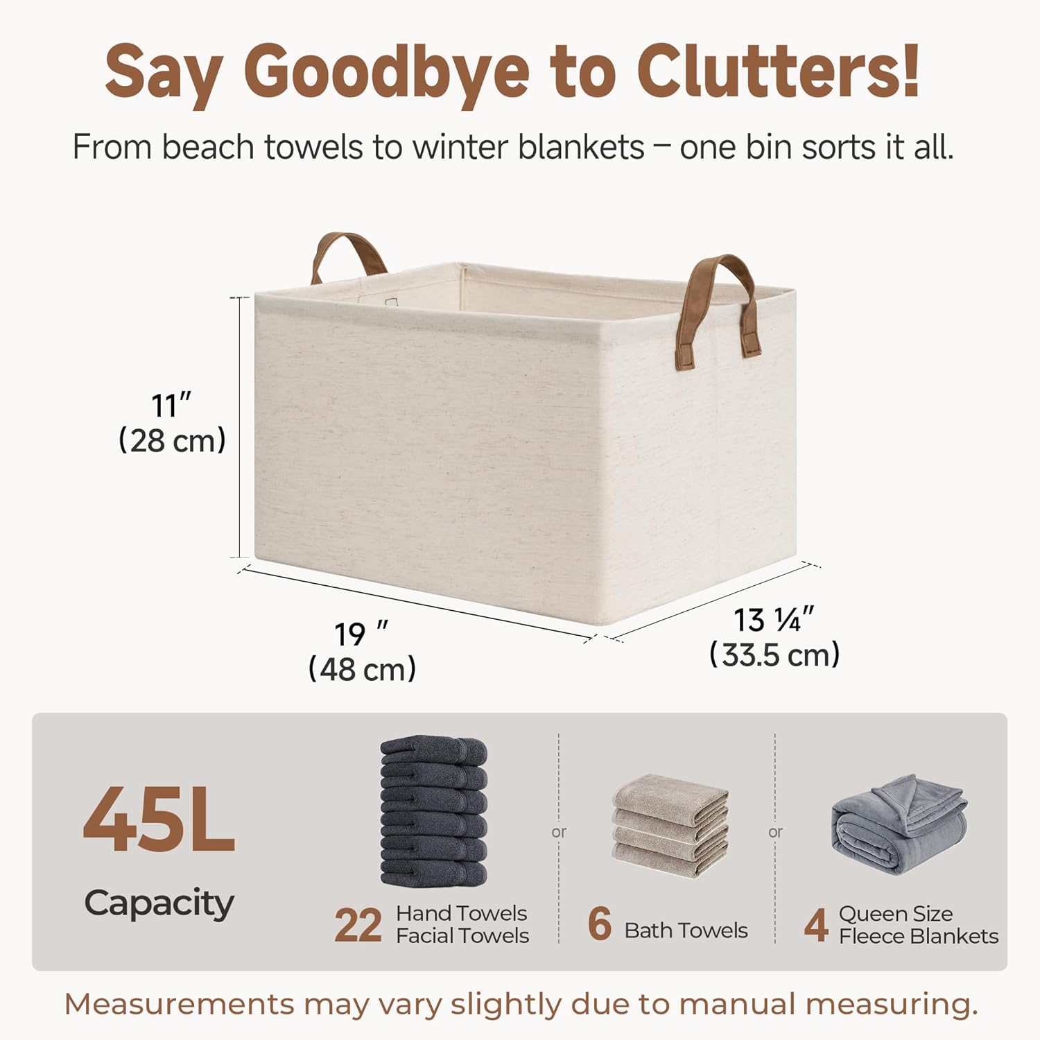 StorageWorks Storage Bins, Shelves Baskets for Organizing, 45L Extra Large Fabric Closet Organizers with Handles, Metal Frame, Beige（Cotton-linen）, 2-Pack