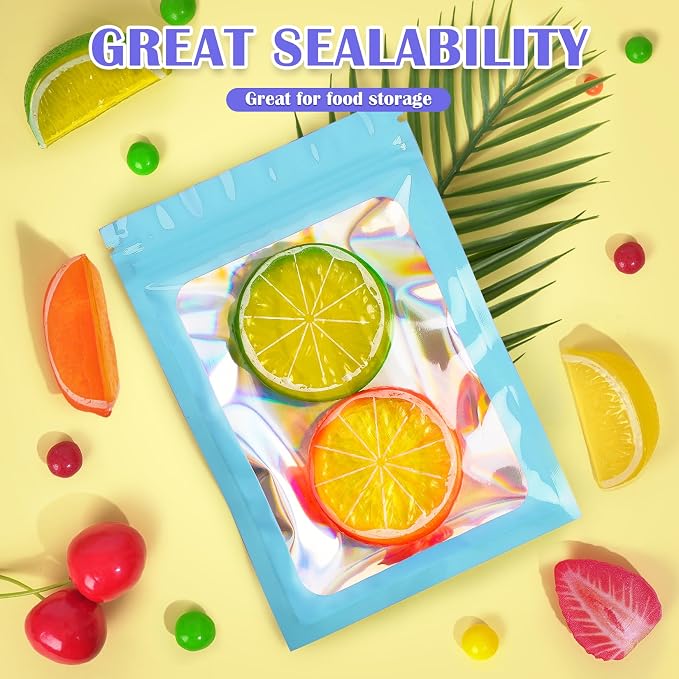 JETMORE 100 Pcs Mylar Bags, Smell Proof Bags Foil Pouch, Holographic Resealable - Image 3
