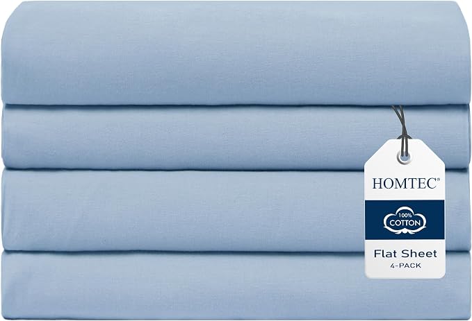 Full Size Flat Sheet 4 Pack, 100% Cotton Percale Flat Bed Sheet, Breathable & by HOMTEC