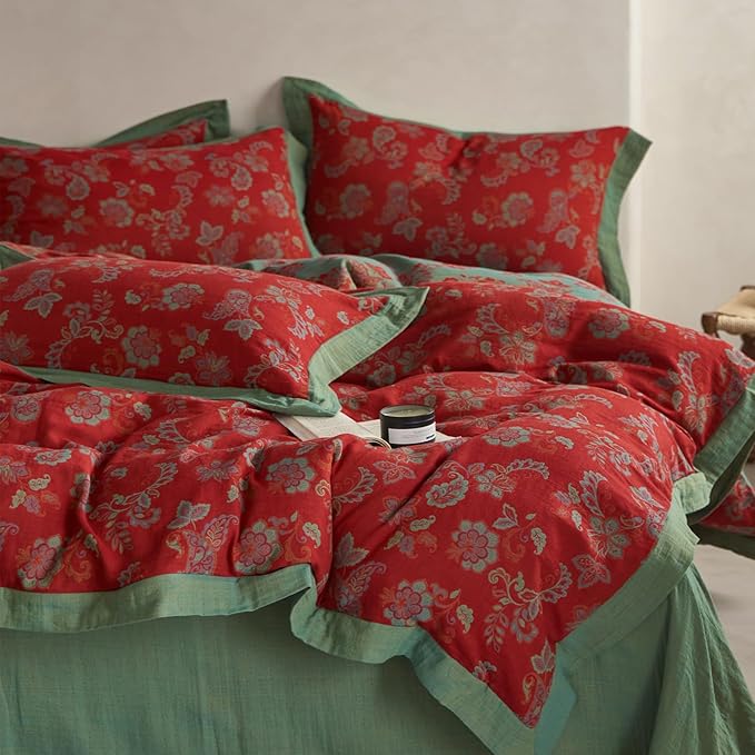 mixinni Exquisite Vintage Red Floral Duvet Cover King Size Yarn-Dyed Jacquard by mixinni
