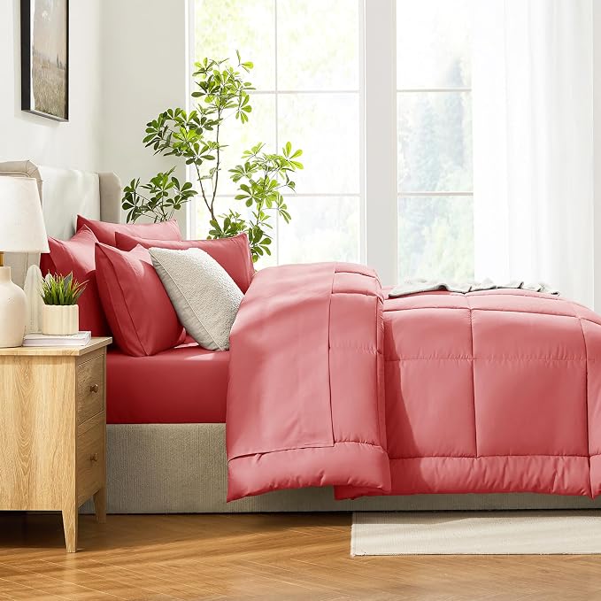 CozyLux King Size Comforter Set Coral, 7 Pieces Bed in a Bag, Coral Comforter - Image 9