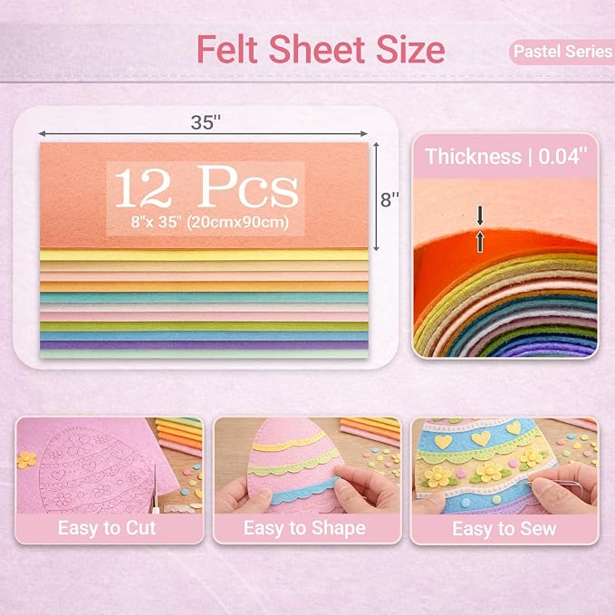 Large Stiff Felt Sheets 8"x35" – 12 Assorted Colors Felt Fabric Bundle Pack - Image 3