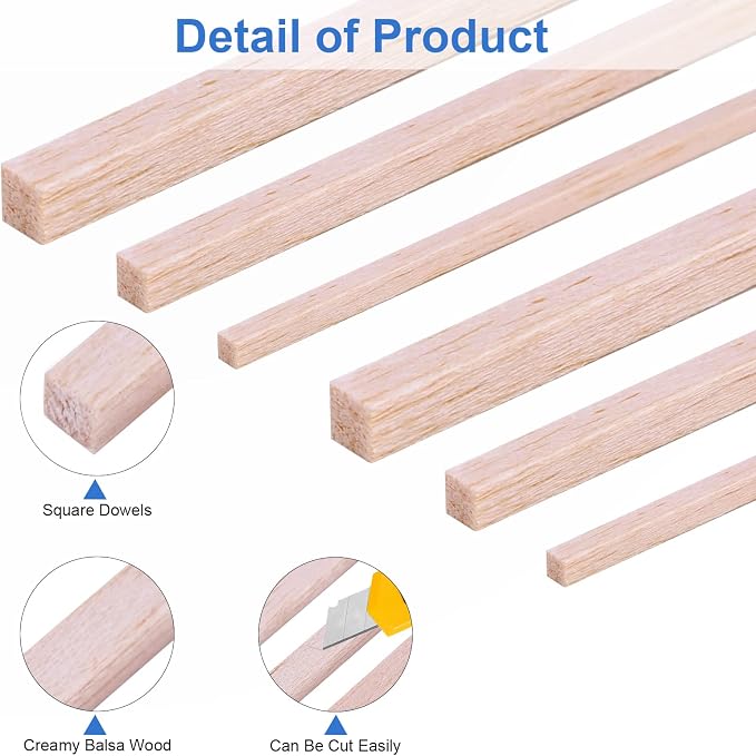 222Pcs Balsa Wood Sticks Variety Wood Strips Balsa Square Wooden Dowels Rod | - Image 3