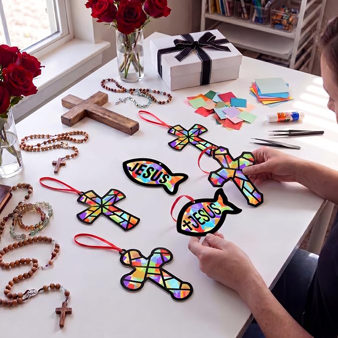 48PCS Sunday School VBS Crafts Bulk: Paper Cross Fish Nativity Suncatchers - Image 6