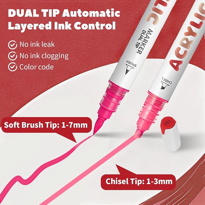 Red Series Acrylic Paint Pens, Water Based 12 Colors Dual Tip Acrylic Paint - Image 3