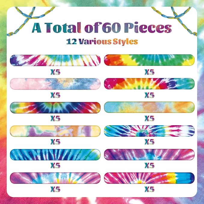 60PCS Tie Dye Party Favors Slap Bracelets, Groovy Wristbands Bracelets Goodie - Image 3
