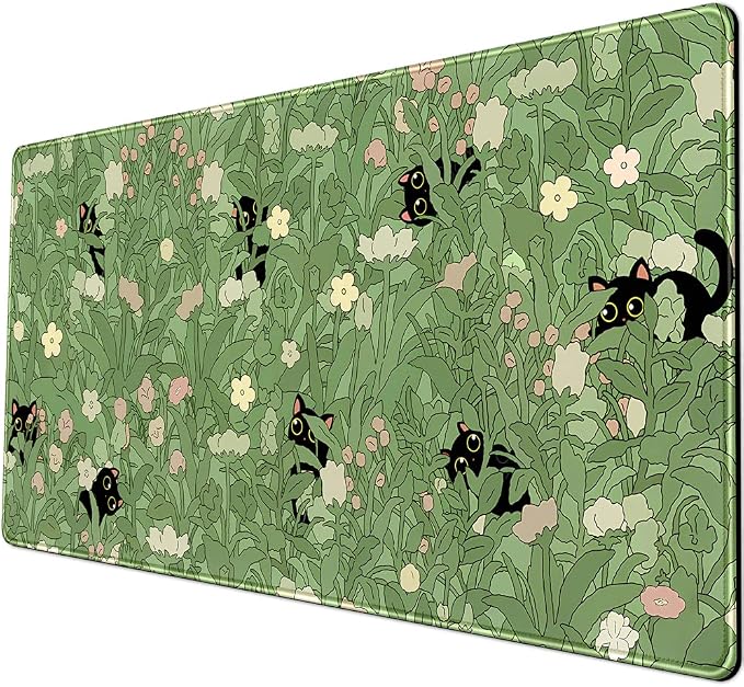 Green Desk Mat XL Cat Cute Plant Cool Desk Pad Keyboard Mat Kawaii Black Cat - Image 5