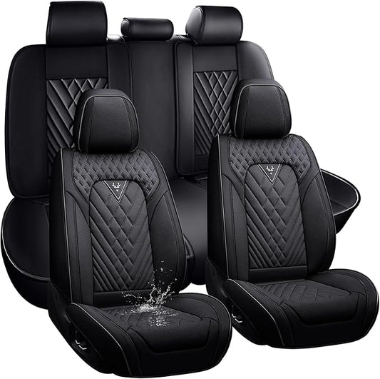 Car Seat Cover Full Set, Waterproof Leather Seat Cover,Front and Rear Auto Seat Cover, Breathable Car Seat Cushion, Full Coverage Car Seat Protector Universal Fit Most Cars (5 Seat,Black)
