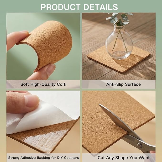 30 Pcs Adhesive Cork Sheets for DIY Coaster, 4 Inch Round and Square - Image 6