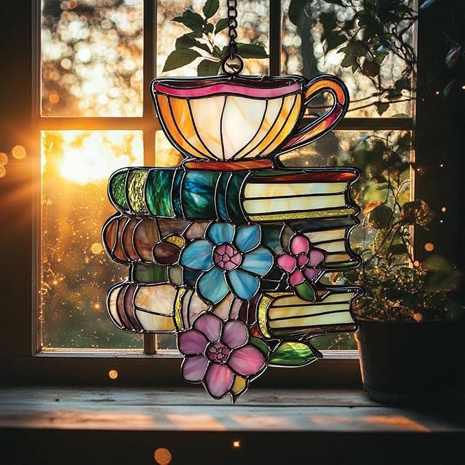 Flower Books Tea Acrylic Suncatcher Window Hanging Bookish Book Lover by Unknown