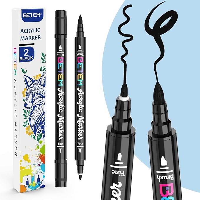 Betem Dual Tip Acrylic Paint Pens, 2 Black Paint Markers by BetemArtWorld