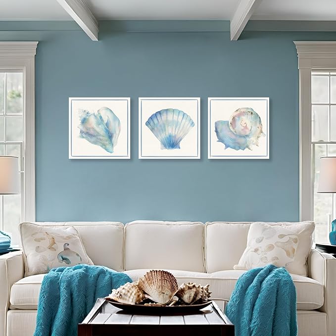 Seashell Wall Decor Ocean Beach Nautical Canvas Wall Art Blue Seashell Painting - Image 6
